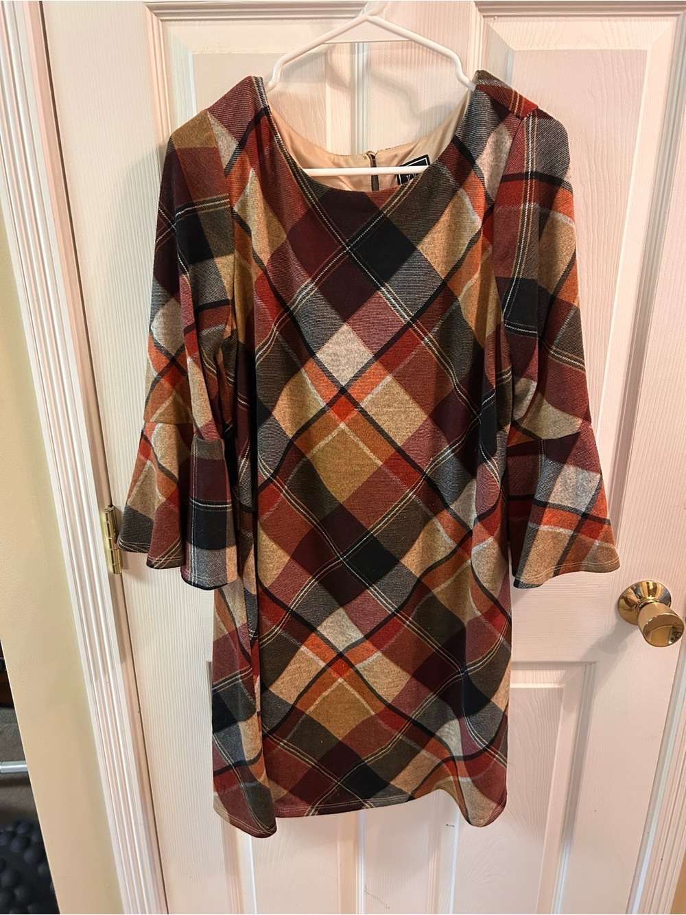 Plaid Bell-Sleeve Shift Dress in Rust Multi by Unknown Brand